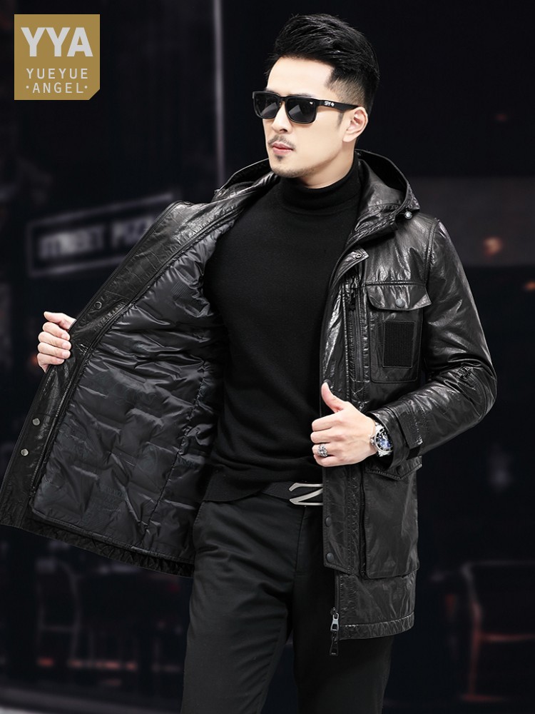 Leather Work Jacket With Hood - Erkekler kış sıcak orta uzun yağ