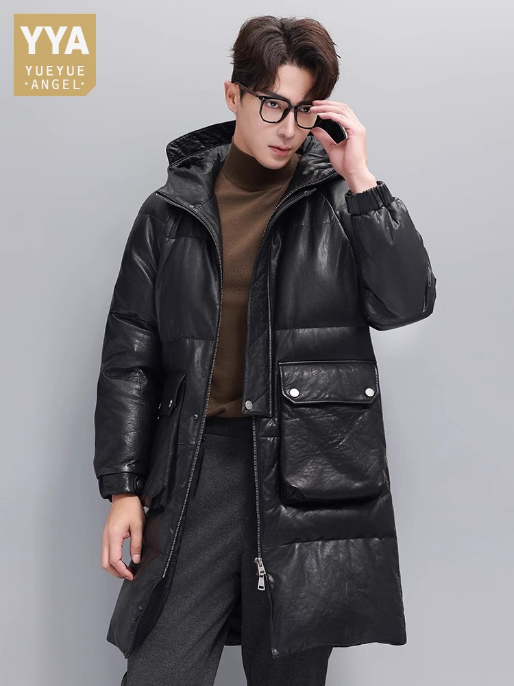 Leather Work Jacket With Hood - Kış Erkek Sıcak Kaz Tüyü Ceket