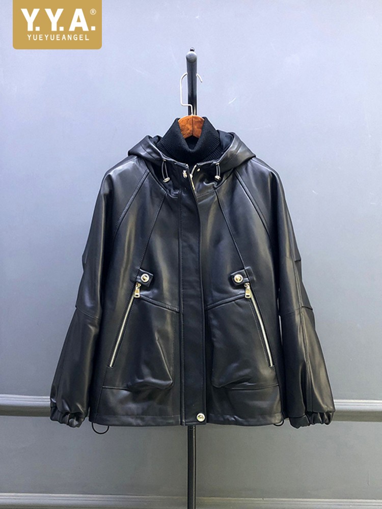 Leather Work Jacket With Hood - Sıcak Satış Sonbahar Kadın Doğal Koyun