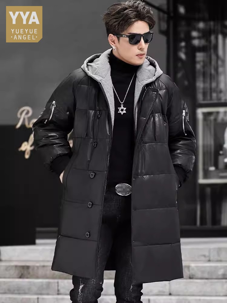 Leather Work Jacket With Hood - Kış Yeni Erkek Kapşonlu Uzun Hakiki