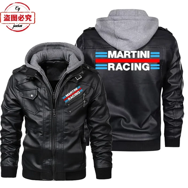 Leather Work Jacket With Hood - Martini Racing Logolu Baskılı Yarış Tulumu
