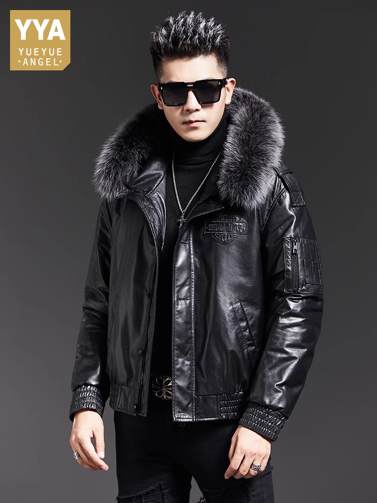 Leather Work Jacket With Hood - Moda Erkekler Kış Tilki Kürk Yaka
