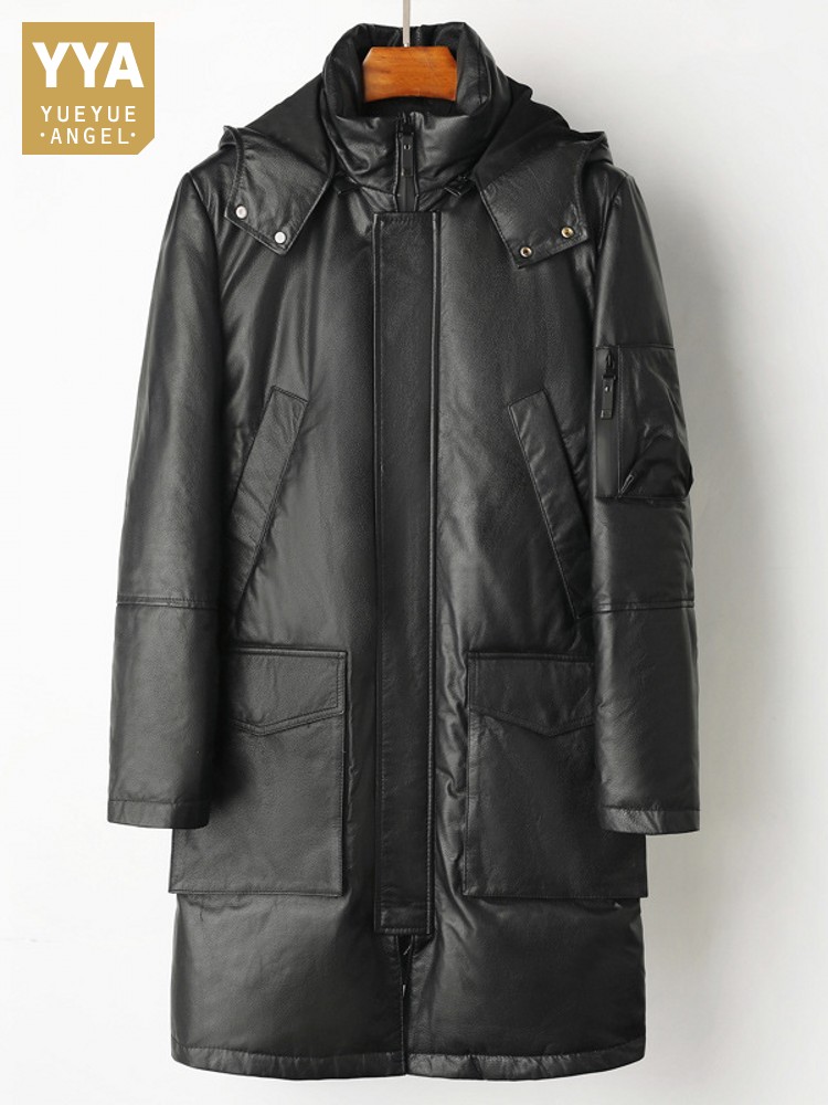 Leather Work Jacket With Hood - Kış Erkekler Sıcak Sığır Derisi Hakiki