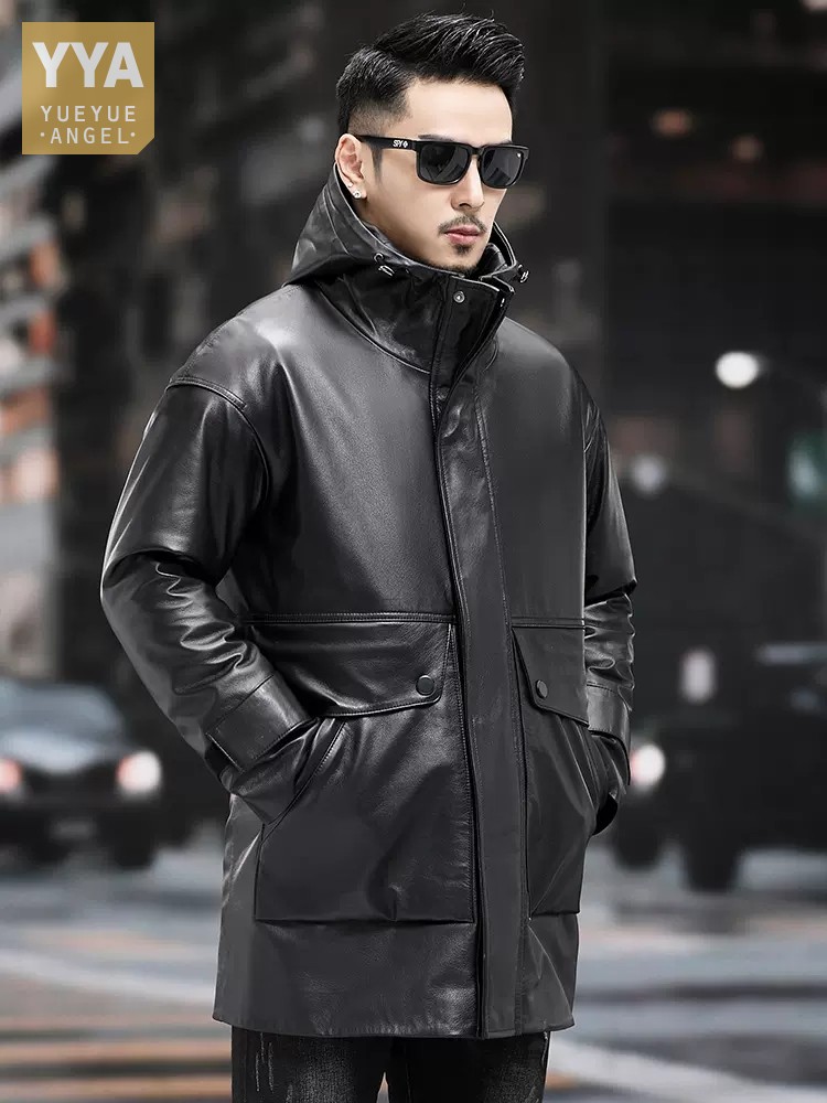 Leather Work Jacket With Hood - Kış erkekler sıcak iş aşağı ceket